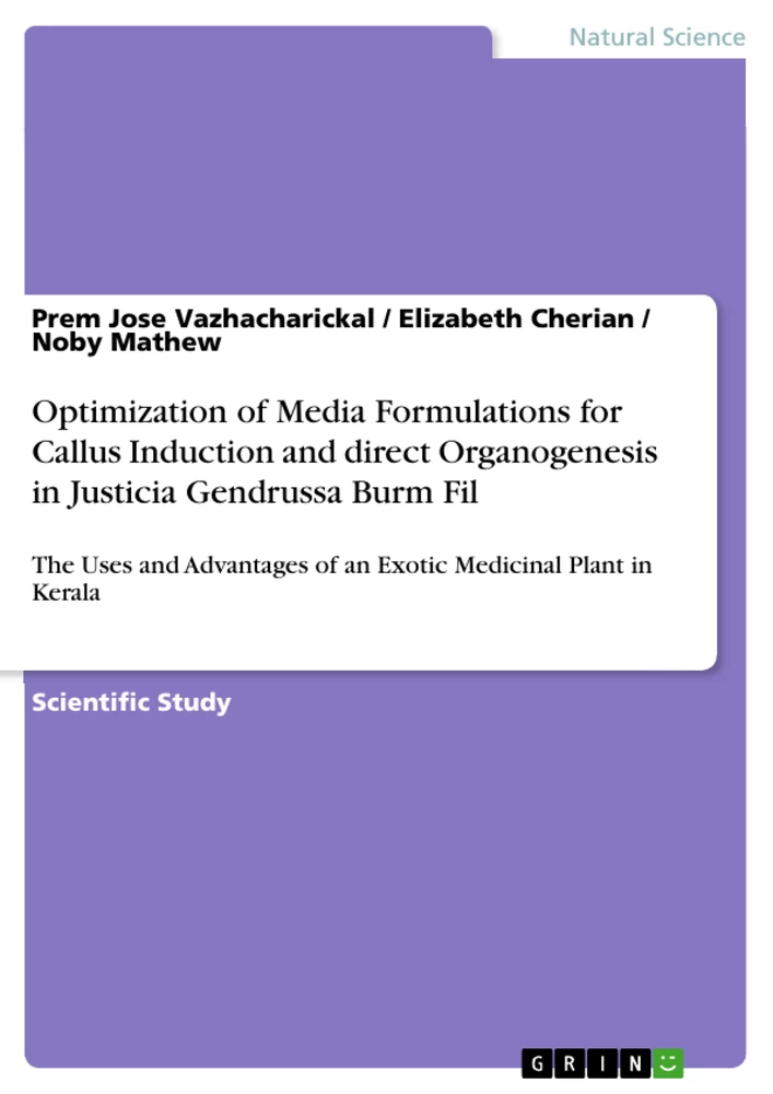 Title: Optimization of Media Formulations for Callus Induction and direct Organogenesis in Justicia Gendrussa Burm Fil