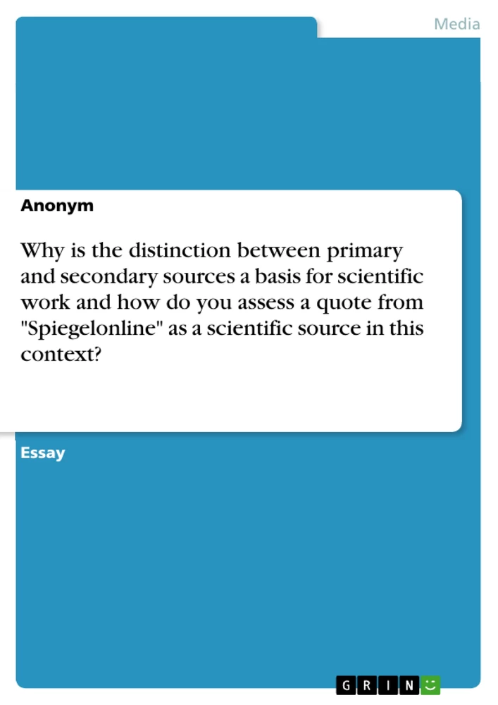 Titel: Why is the distinction between primary and secondary sources a basis for scientific work and how do you assess a quote from "Spiegelonline" as a scientific source in this context?