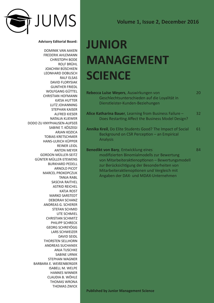Title: Junior Management Science, Volume 1, Issue 2, December 2016