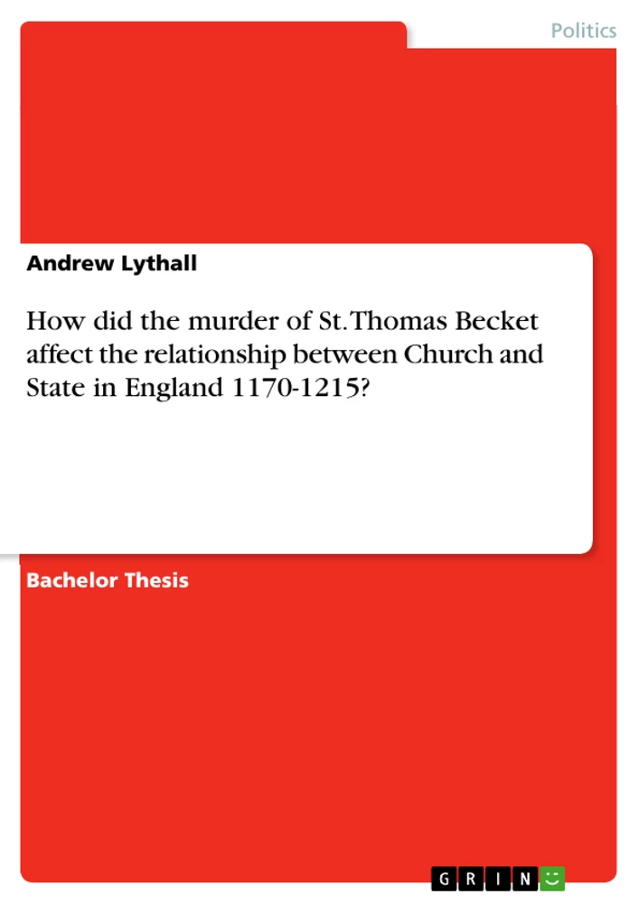 Title: How did the murder of St. Thomas Becket affect the relationship between Church and State in England 1170-1215?