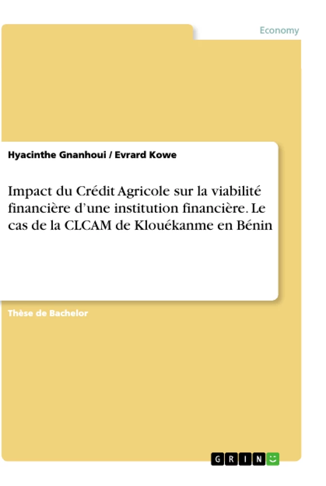 Titel: Impact du Crédit Agricole sur la viabilité financière d’une institution financière. Le cas de la CLCAM de Klouékanme en Bénin