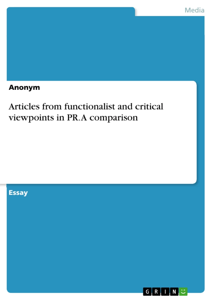 Titre: Articles from functionalist and critical viewpoints in PR. A comparison